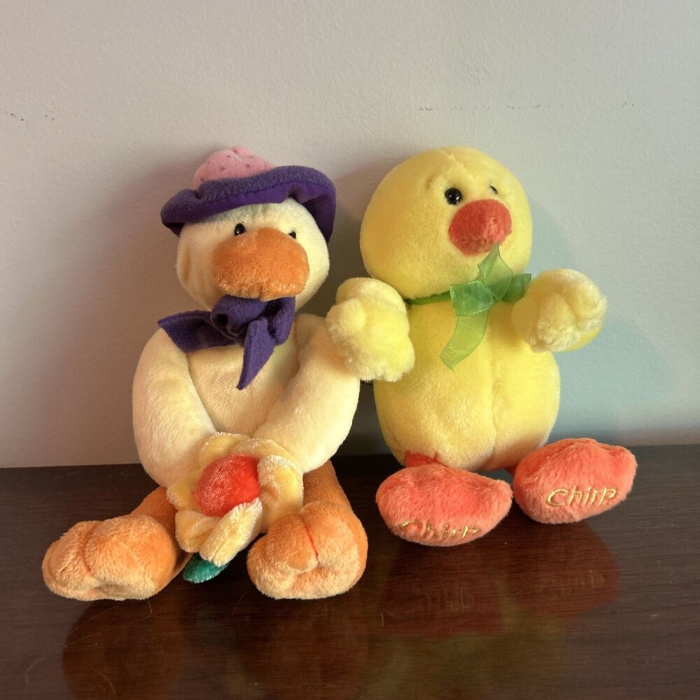 Lot of 2 Gund Heads & Tales Duck Chick Plush Chirp Hat Flower Easter 45362